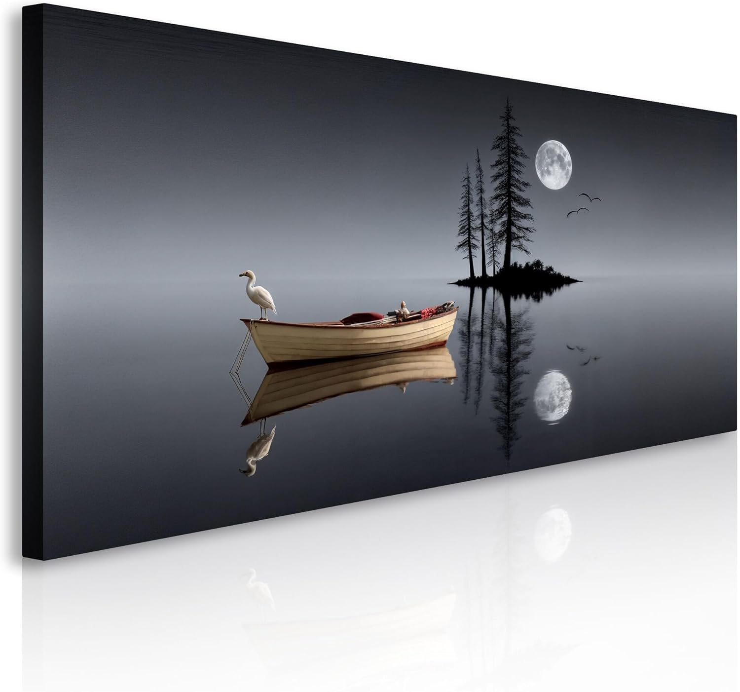 TAILORED CANVASES Modern Minimalist Night Lake Wall Art - Serene Lake Boat Wall Art with Full Moon, Nature Canvas Print for Living Room, Bedroom, or Office – Tranquil Night Landscape Wall Decor 48x24