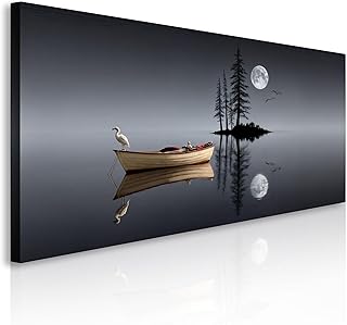 TAILORED CANVASES Modern Minimalist Night Lake Wall Art - Serene Lake Boat Wall Art with Full Moon, Nature Canvas Print for Living Room, Bedroom, or Office – Tranquil Night Landscape Wall Decor 10x20