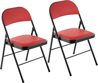 LeChamp 2pcs PU Folding Chair Strong Steel Frame Camping Chair Space Saving Desk Chair For Guest Visitor Conference Temporary Seat Red…