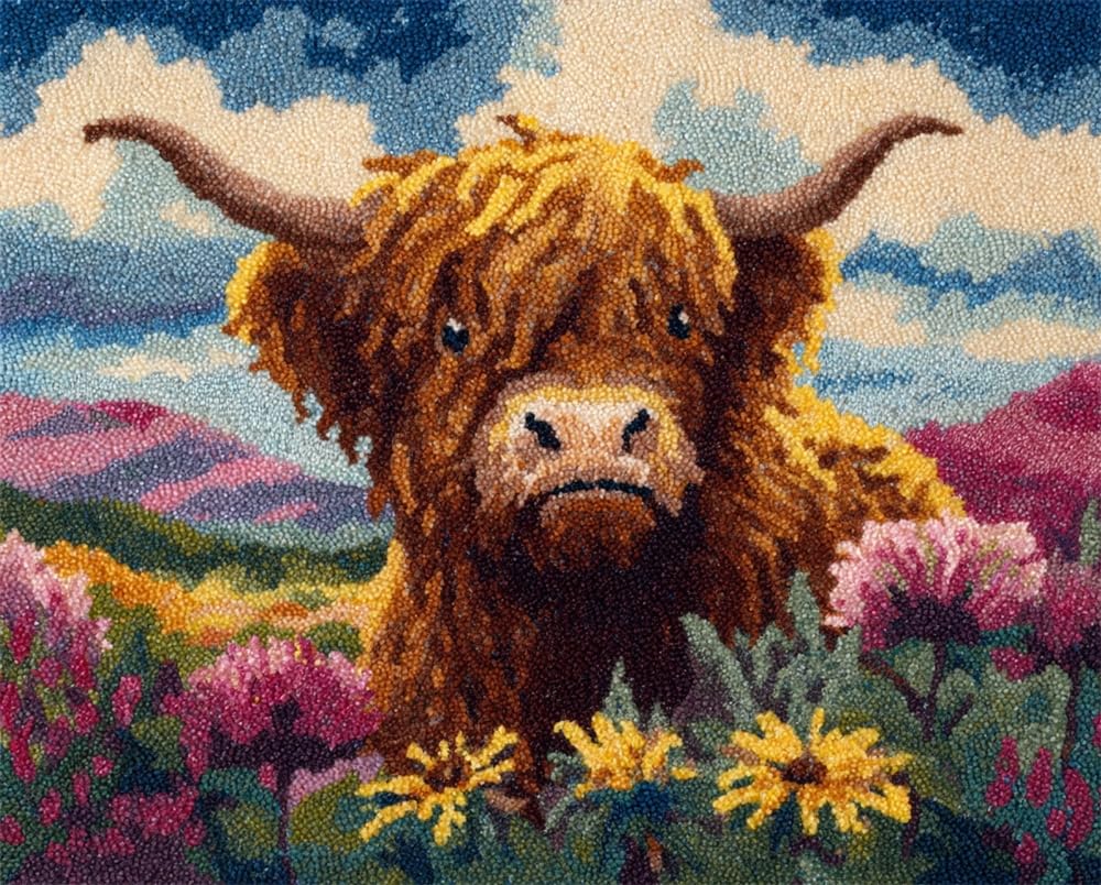 FWRTYCB Latch Hook Kits for Adults -Highland Cattle and Flower DIY Latch Hook Rug Kits, 20X15Inch Crochet Kit for Beginners, Rug Making Kits with Printed Canvas, Gift Packaging