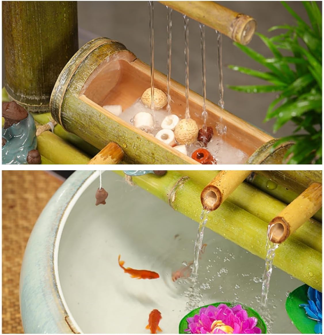 Indoor Outdoor Bamboo Water Fountain, 28 Inch Tall, Electric Powered Fountain Japanese Garden Waterfall Nozzle Outdoor 100% Handmade，Natural Green