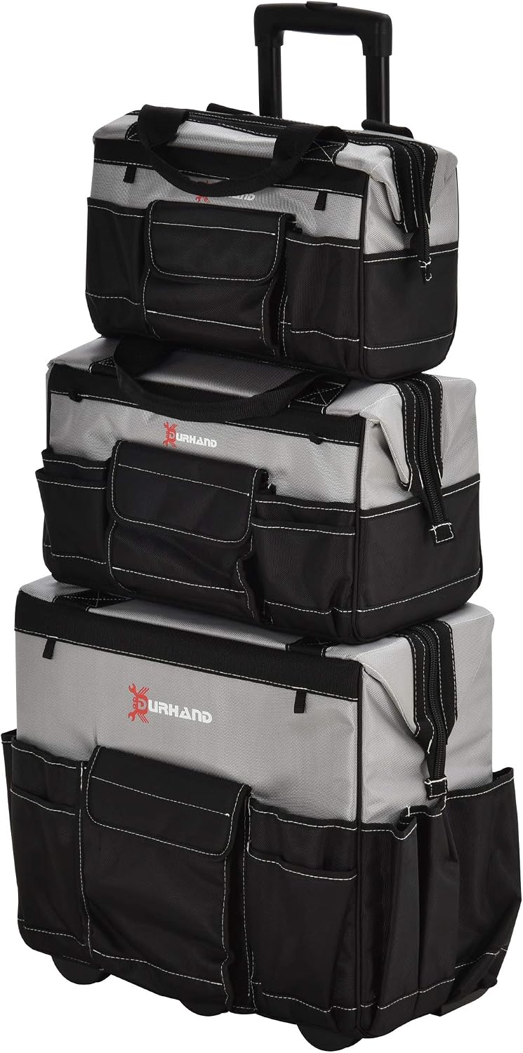 DURHAND 3pcs Rolling Mobile Tool Bag Electrician with 3 Bags for Organization/Storage and Adjustable Carrying Handle