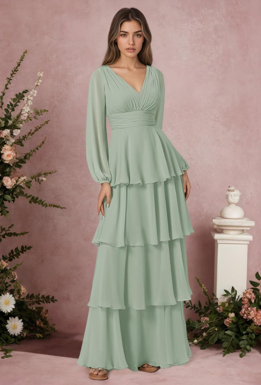 Fashionbride Long Sleeve Tiered Bridesmaid Dresses V Neck Chiffon Formal Dress A Line Ruffle Evening Party Gown AP78