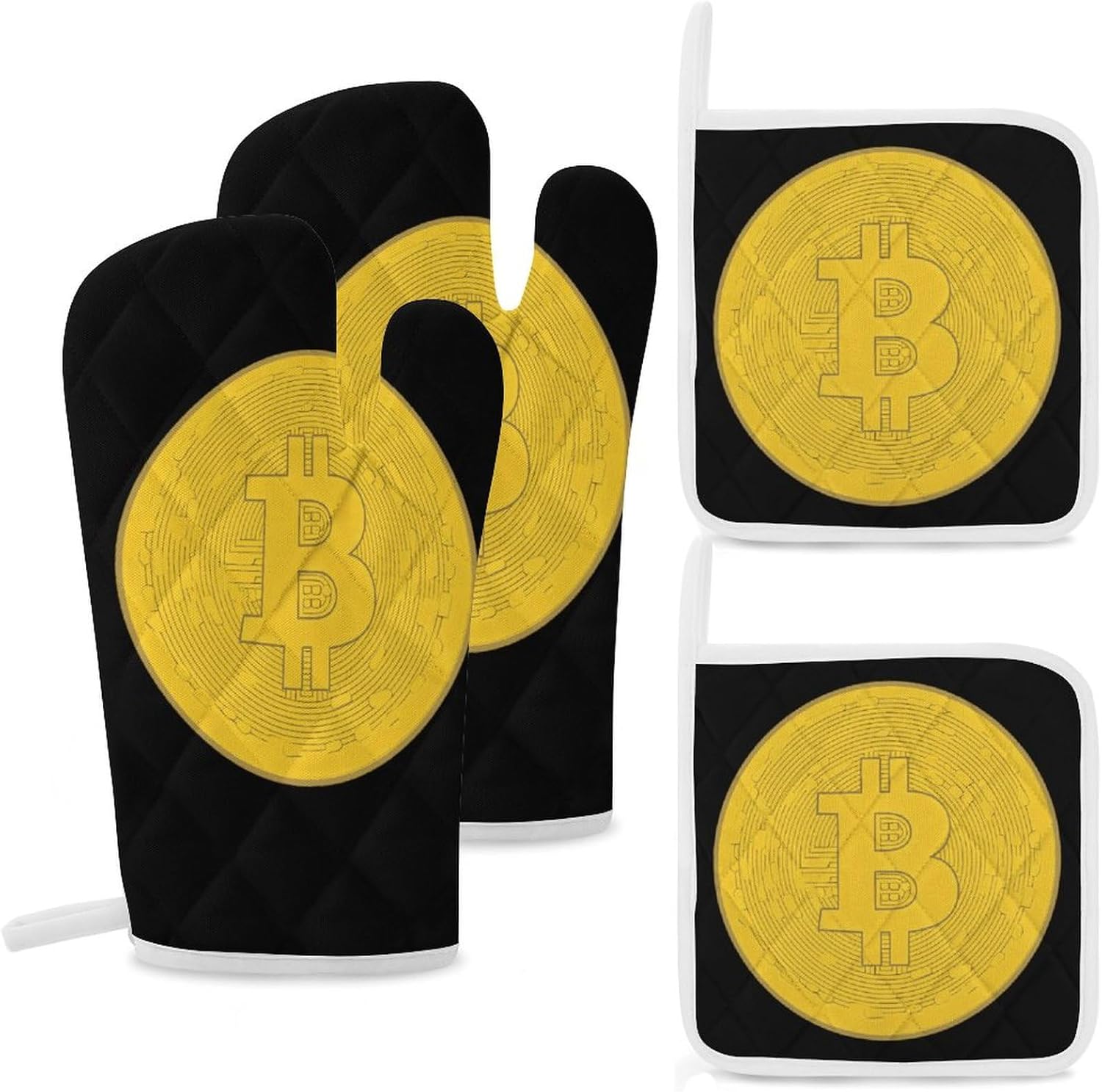 Bitcoin Prints Artwork 4 Pcs Oven Mitts and Pot Holders Set High Heat Resistant Long Kitchen Oven Glove Potholders