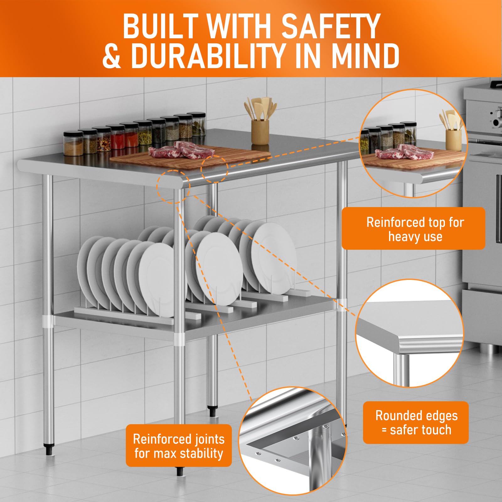 Mesa de acero inoxidable para preparación de alimentos y trabajo, mesa de utilidad de 24 x 36 pulgadas con estante inferior ajustable, estación de trabajo comercial en cocina, garaje