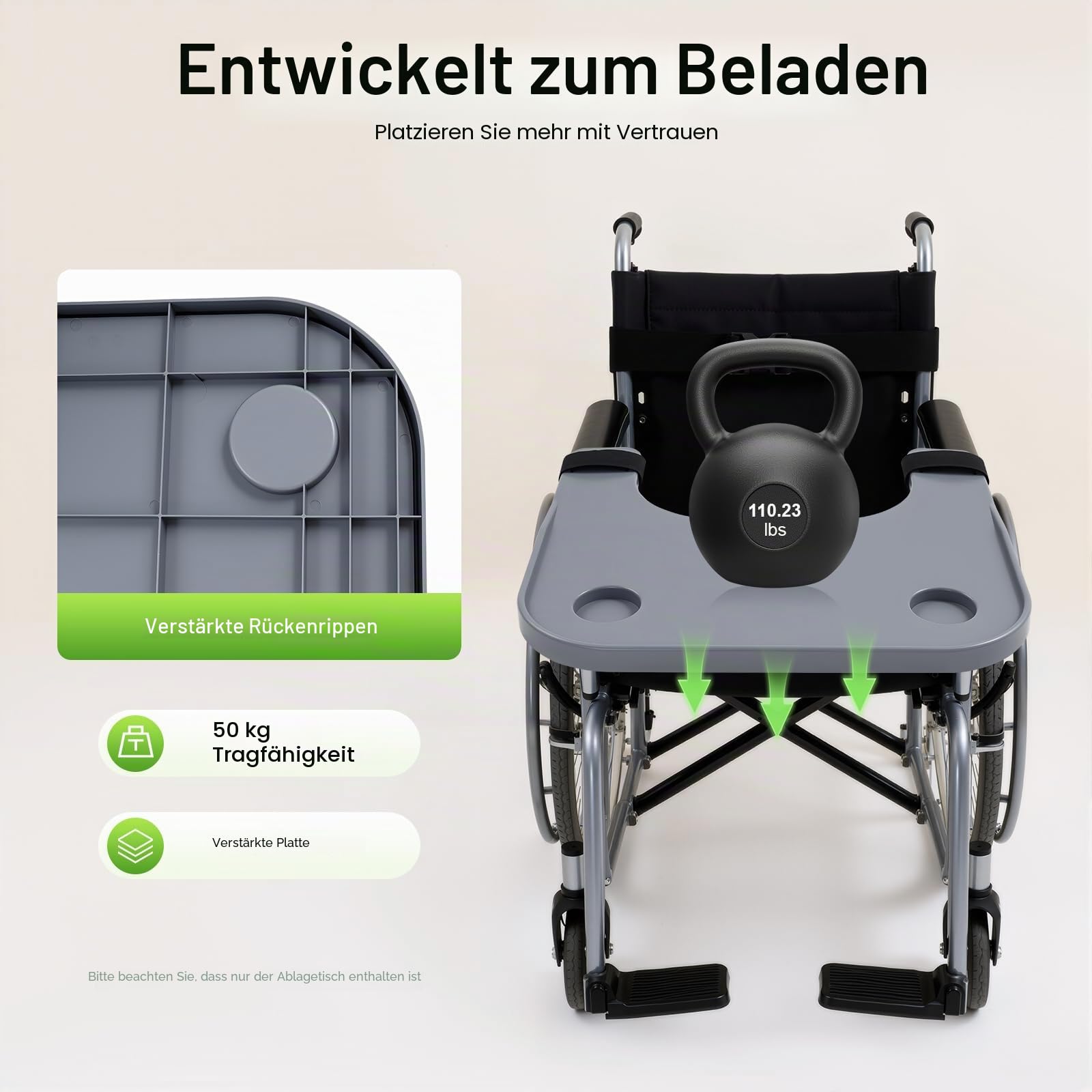 Rollstuhl-Tablett Tisch für Erwachsene ältere Menschen, abnehmbare ABS-Kunststoff-Rollstuhl Esstisch Board mit 2 Cup Holder, tragbare Rollstuhl-Tablett, zum Essen, Lesen, Arbeiten, Grau