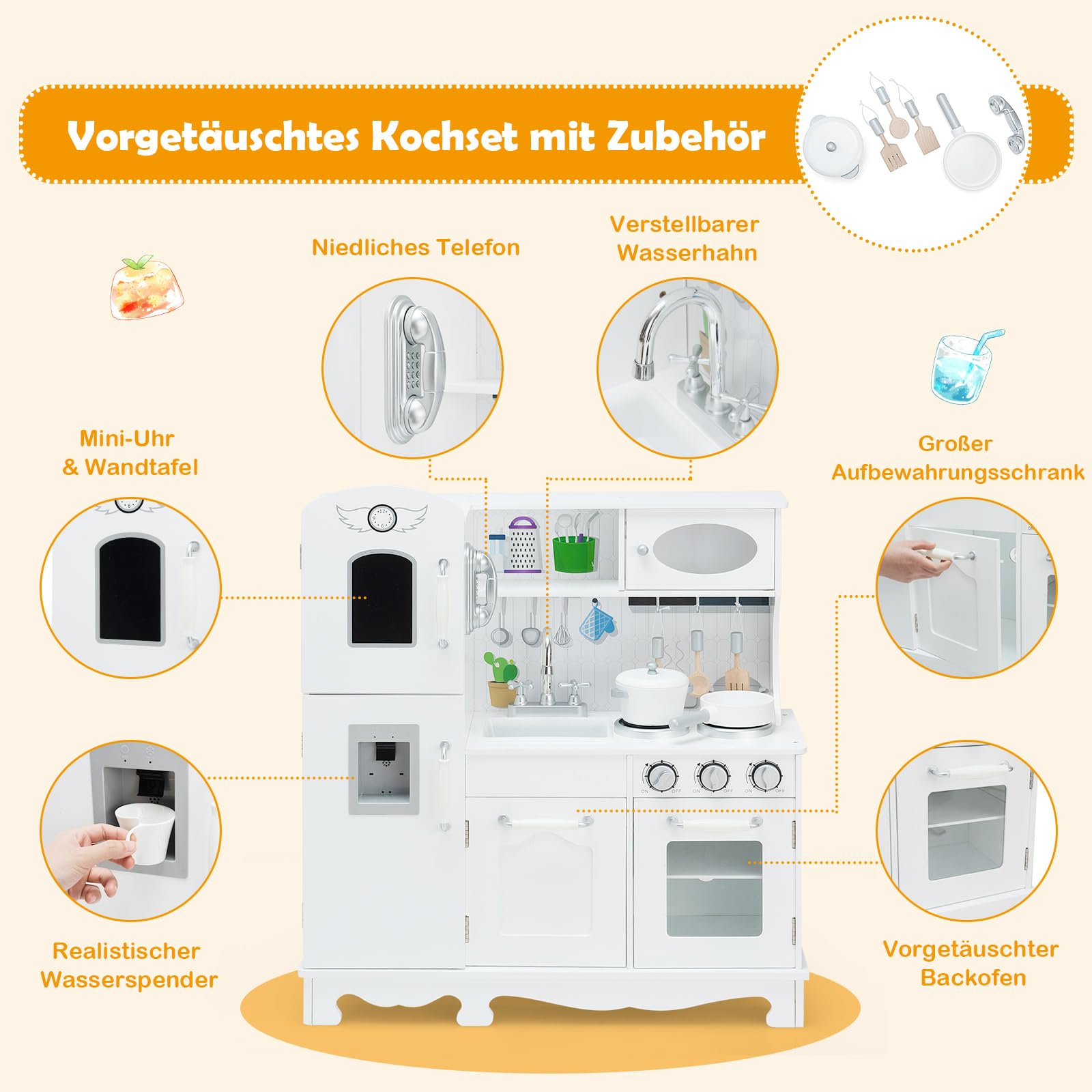 COSTWAY Kinderküche mit Licht & Sound, Kinder Spielküche Holz mit Tafel & Kühlschrank, inkl. Spielzubehör, Spielzeugküche für Kinder ab 3 Jahre, weiß, 79 x 30 x 88,5cm