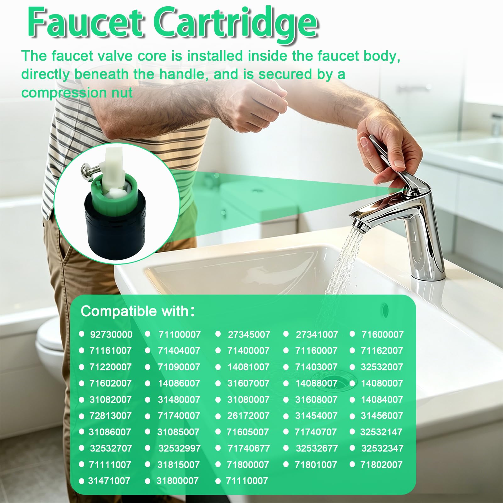 Repuesto compatible con Hansgrohe 92730000 cartucho de grifo para cartucho de cerámica de un solo agujero M3/M2 de 2 pulgadas de repuesto para grifo de baño