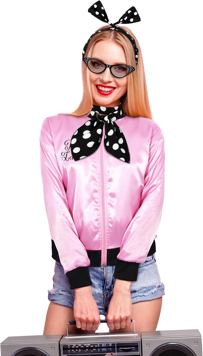 SOMSOC 5 Pieces 1950s Women Pink Satin Jacket with Polka Dot Scarf Headband Earrings Eye Glasses Halloween Party Costume Set - Image 6