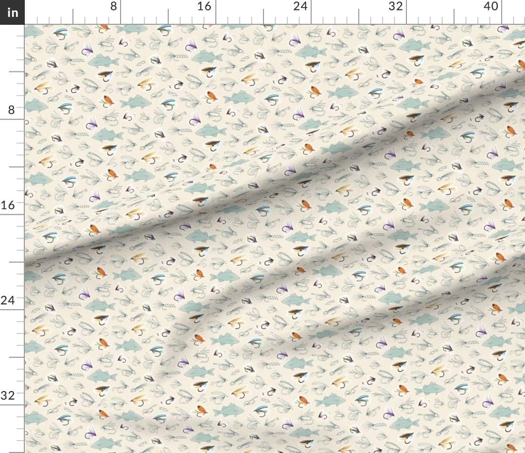 Spoonflower Fabric - Fishing Cream Medium Scale Lure Fly Drawing Fish Hook Printed on Petal Signature Cotton Fabric by The Yard - Sewing Quilting Apparel Crafts Decor