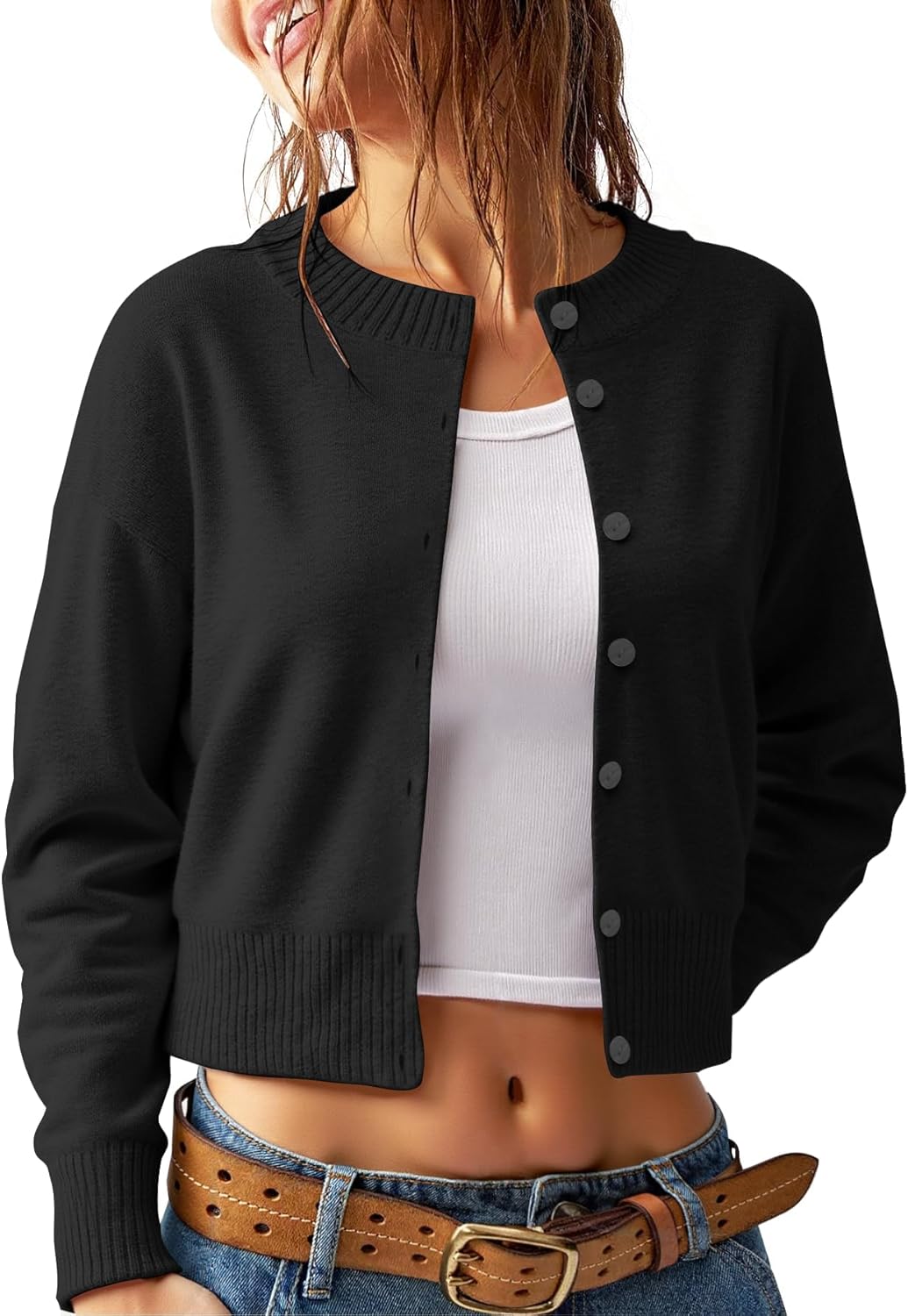 Women's Cropped Knit Cardigan Sweater – Button Down Long Sleeve Slim Fit Gray Fall Layering Top - Image 7