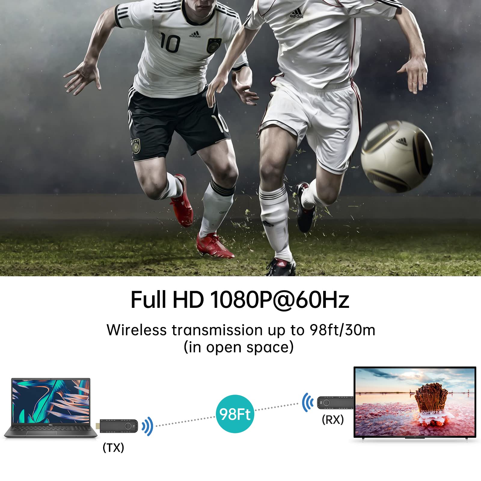 MT-VIKI Trasmettitore e ricevitore HDMI senza fili – 30 m, decodifica 4K, uscita 1080p, portatile 2,4G/5G, plug & play per lo streaming video e audio per monitor da laptop/TV Box