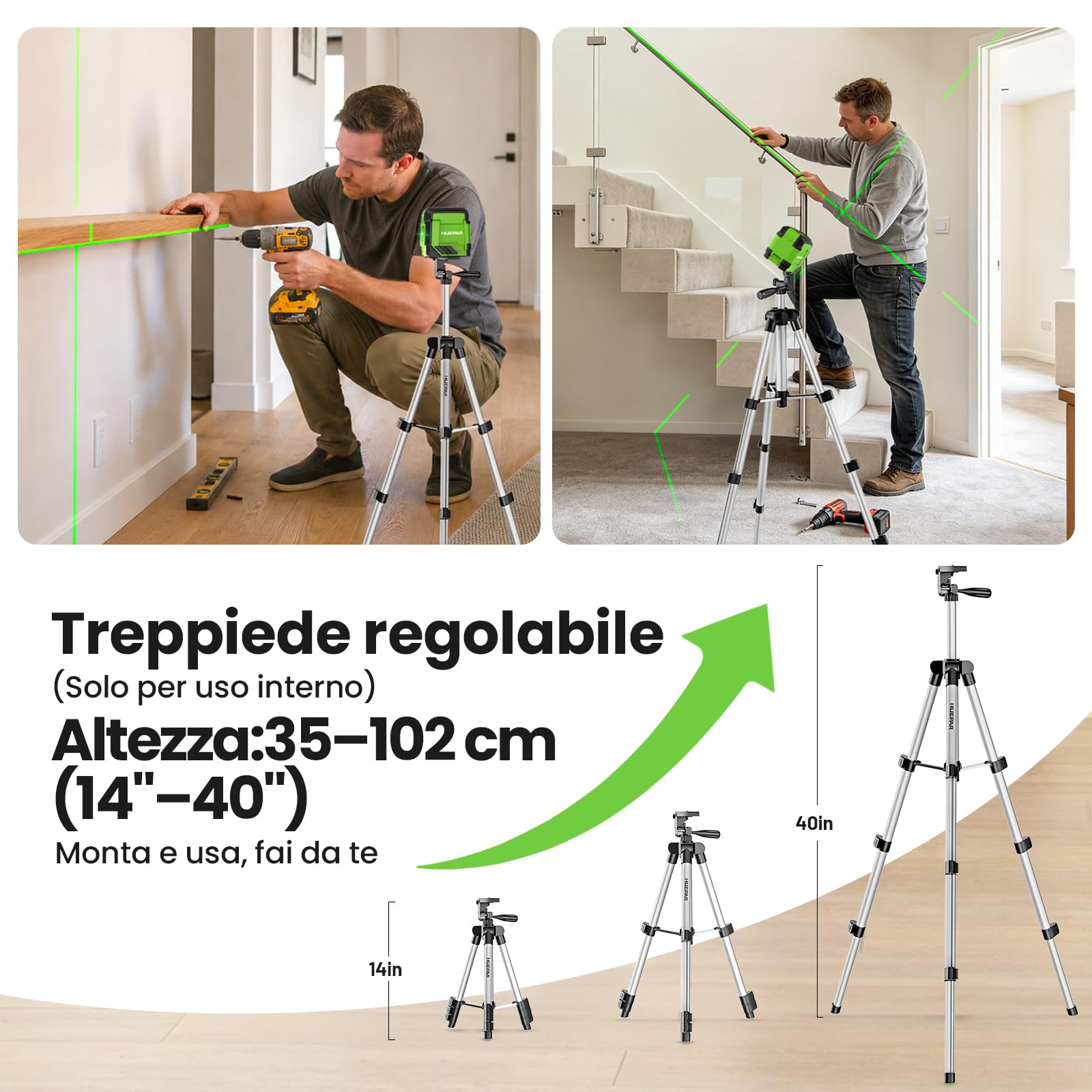 Huepar GK011DG Livella Laser Autolivellante con Treppiede 1,02 m, Laser Verde a Croce Orizzontale 110° e Verticale 110°, IP54, Borsa, Occhiali e 2 Pile AA, 30m Livella Laser per Casa, Appendere Quadri