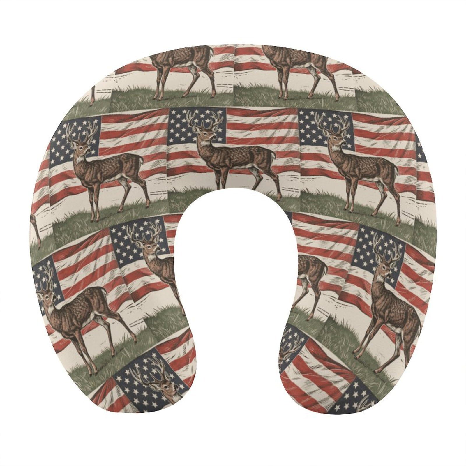 VstaDank Deer American Flag Neck Pillow Memory Foam Sleeping U Shaped Pillows Cooling Travel Head Support Pillows Super Lightweight Portable Airplane Pillow for Car Office Rest