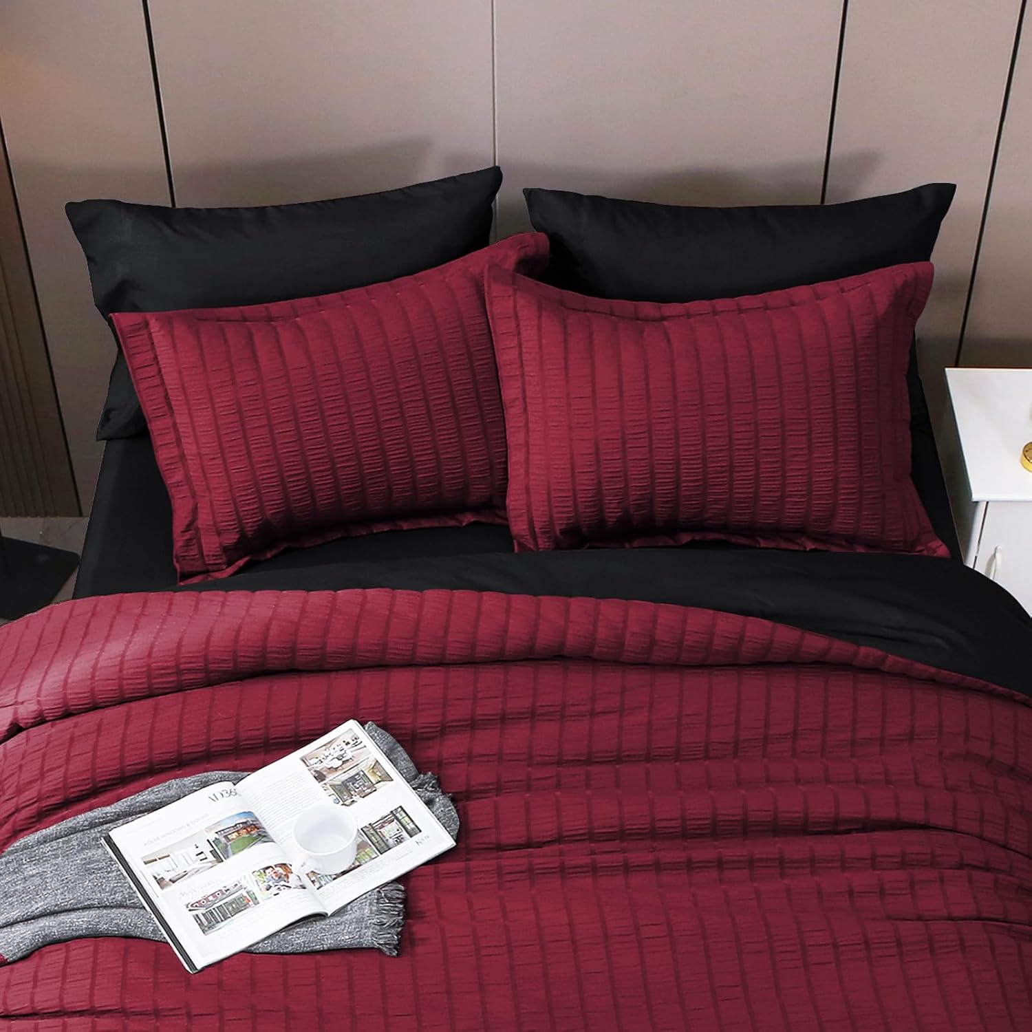 HYMOKEGE Red & Black Queen Comforter Set Seersucker 7 Pieces, All