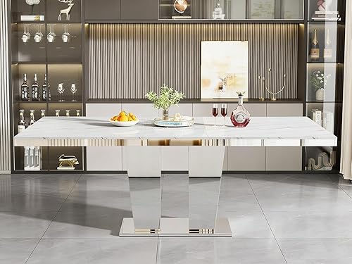 Miniatura 4 de SSLine Juego de mesas de comedor extensibles de 94.5 pulgadas para 6 personas, juego de mesa de comedor de 7 piezas, modernas mesas de cocina Blanco