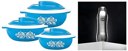 Cello Hot Serve Plastic Casserole Set, (Blue, 500ml, 850ml, 1500ml) - 3 Pieces & Cello Aqua Pro Water Bottle, 1000 ml, Set of 1, Silver
