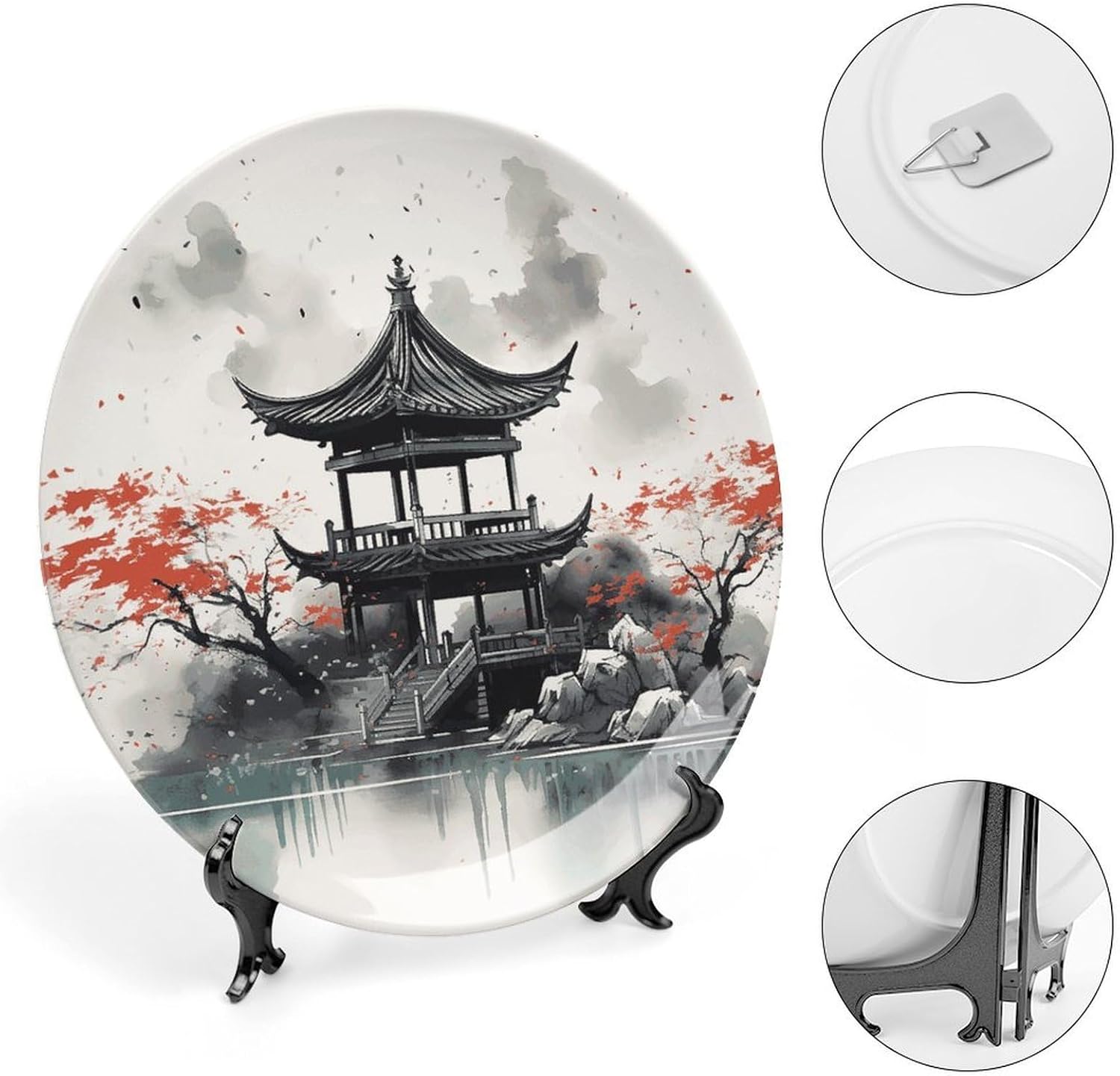 Bone China Decorative Plates Chinese Ink Painting Ceramic Decorative Plate Wall Decor with Display Stand Ceramic Ornaments for Wall Hanging Decoration