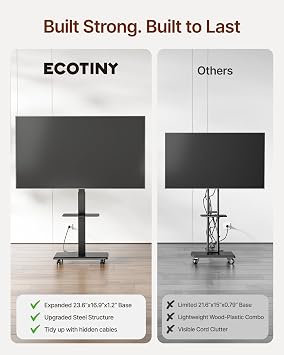 エコティニー スチールベース ローリングテレビスタンド 32~75インチテレビ用 最大110ポンドまで 水平調整&傾斜&回転モバイルテレビスタンド 隠しワイヤーマネージメント付き 高さ調節可能なポータブルテレビスタンド スチールシェルフ付き ブラック