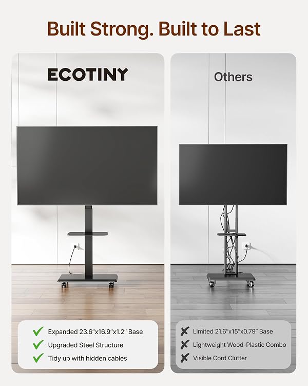 ECOTINY Steel Base Rolling TV Stand for 32-75 inch TVs up to 110 lbs, Leveling & Tilt & Swivel Mobile TV Stand with Hidden Wire Management, Height Adjustable Portable Tv Stand with Steel Shelf, Black by ECOTINY - Image 3