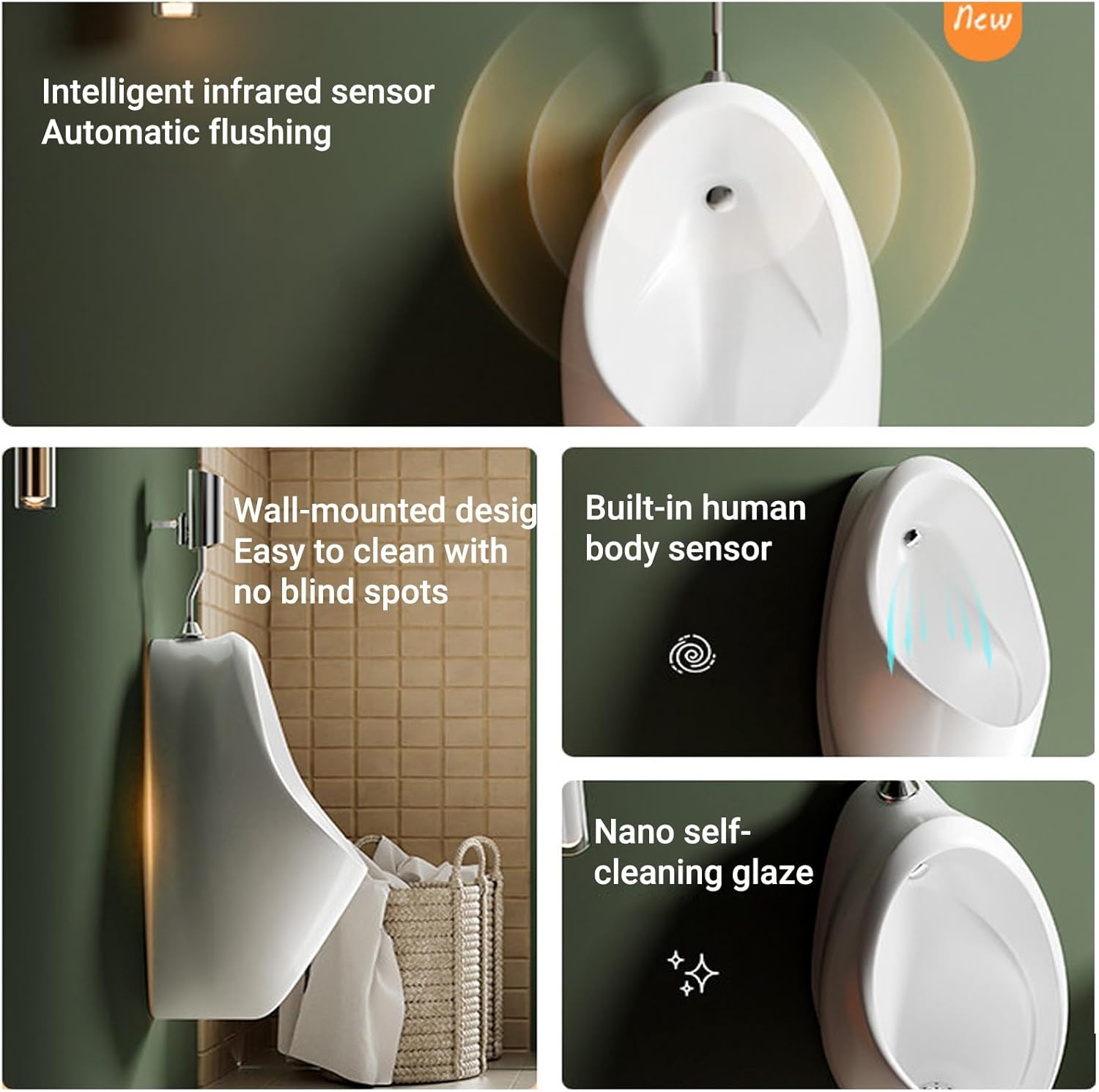 Wall-Mounted Ceramic Urinal for Men's,Automatic Sensor Flushing，Spill Proof Nighttime,for Household ，Commercial，Public Toilet Hotel Garage(Gold,Surface-Mounted sensors)