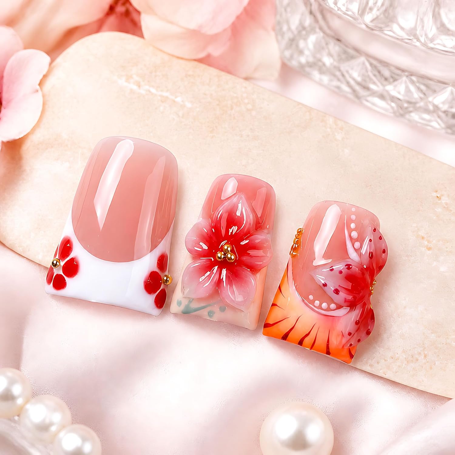 Handmade Press on Nails Summer Press ons Beach Nails Cute Glue on Nails for Women, Luxury Duck 3D Nail Art Design, Fake Nails with Nail Charms 10Pcs Size M 4