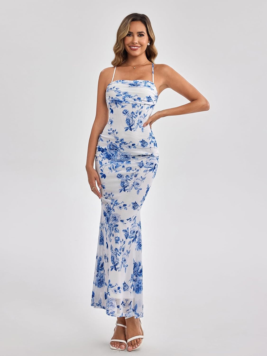 Women's Summer Floral Maxi Dress Square Neck Mesh Ruched Bodycon Formal Wedding Guest Long Dresses - Image 5