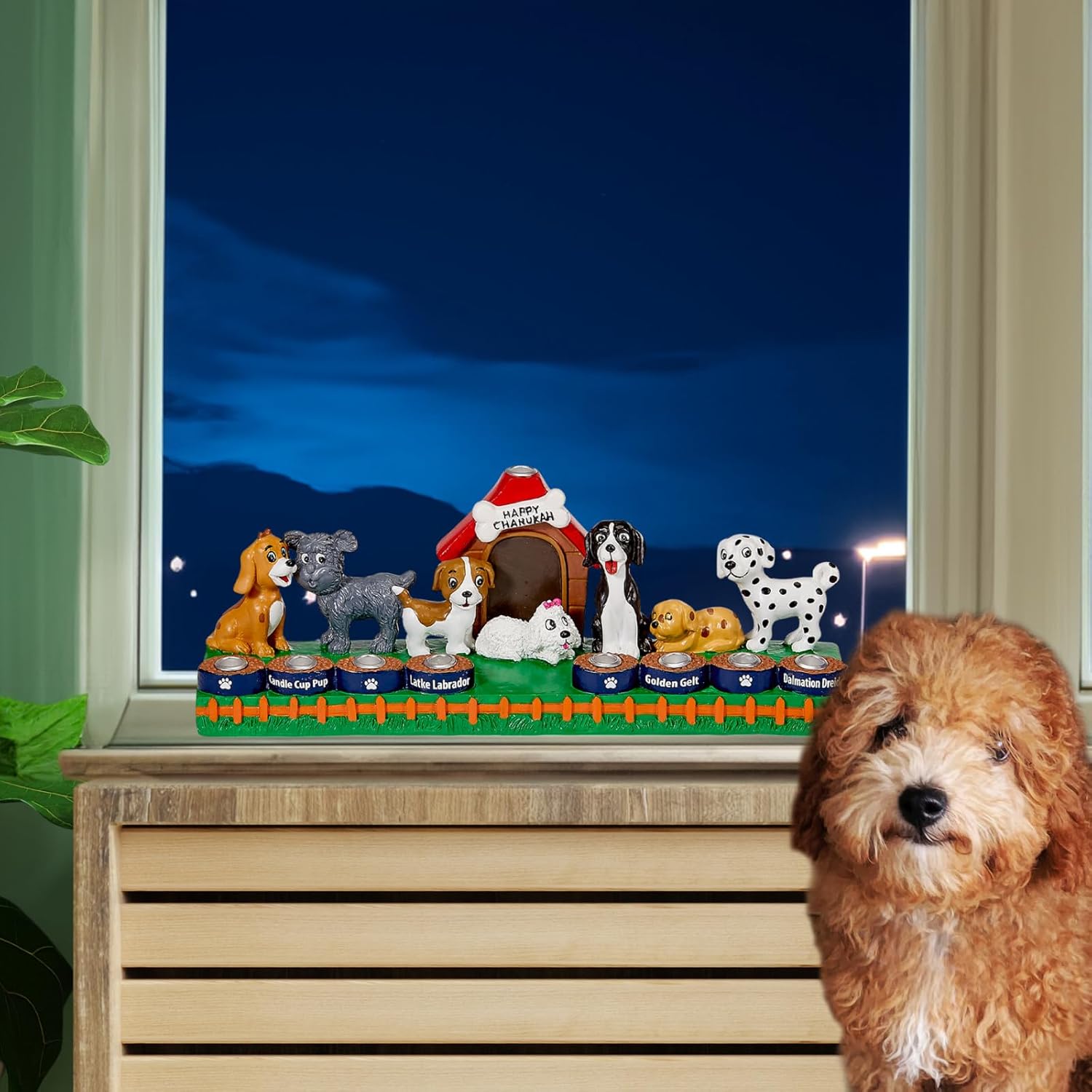 Dog Lovers Menorah by Rite Lite | Exciting & Colorful Multicolor Hand Painted Resin Dog Menorah! Hanukkah Gifts Whimsical Design | Jewish Holiday Party Favors Candle Holder Festival of Lights 11" L
