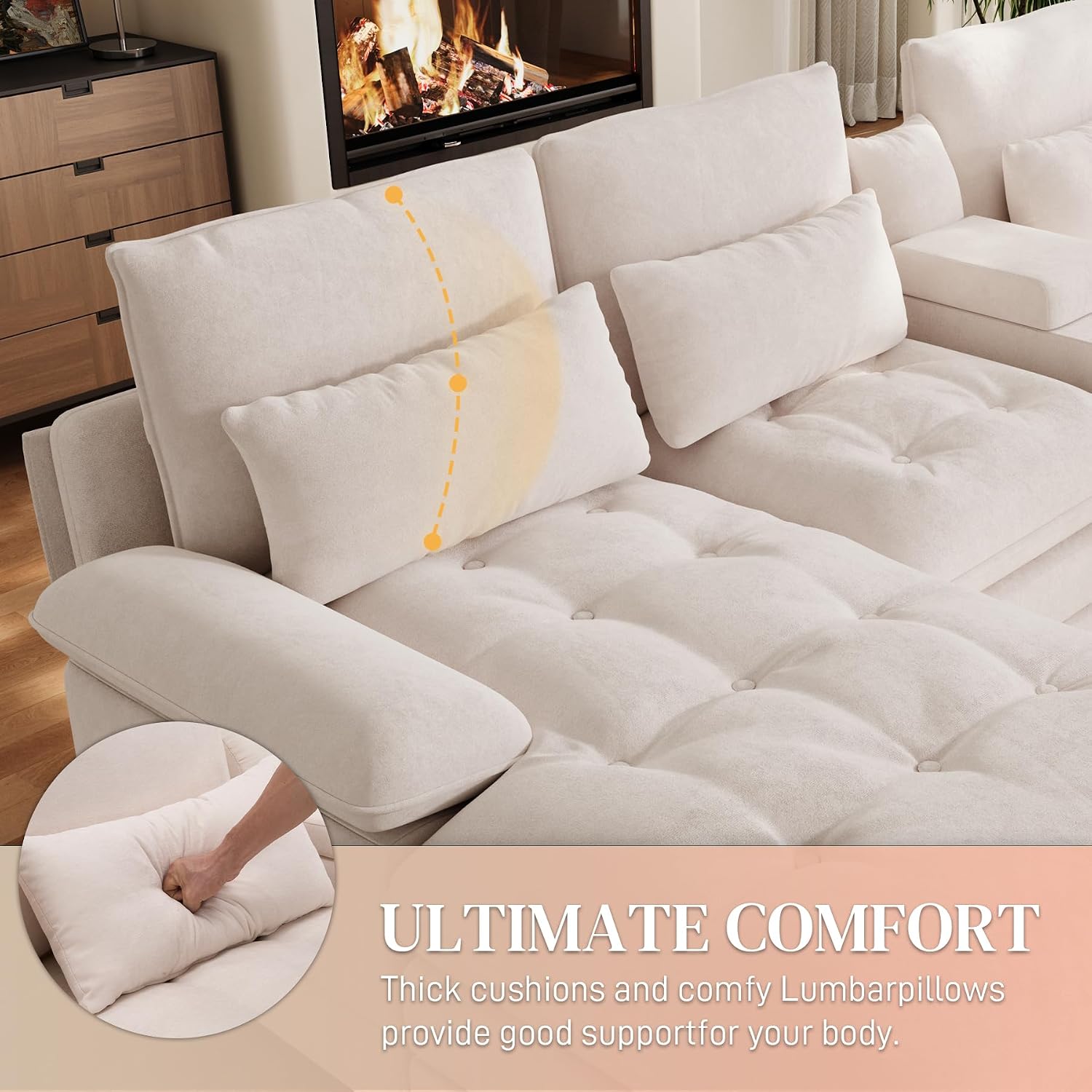 134" U-Shaped Chenille Sectional Couch 6-Seat Sofa Set with Storage Oversized Modular Fluffy Couch Beige