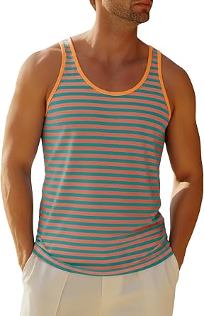 Runcati Mens Workout Tank Tops Casual Striped Sleeveless Muscle Shirts
