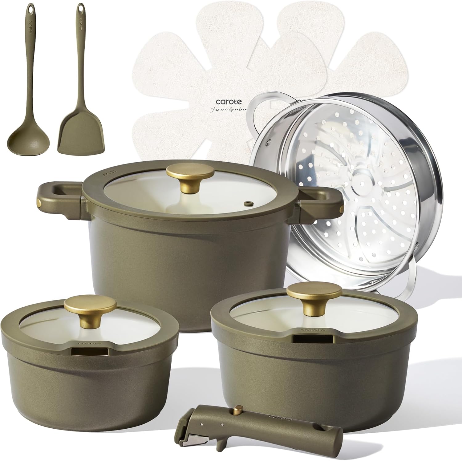 CAROTE Pots and Pans Set Nonstick, Ceramic Cookware Set with Detachable Handles, 5.5QT/3QT/2QT Non stick Stock Pot, Non-toxic Induction Cookware PFAS and PFOA Free, Olive Gree