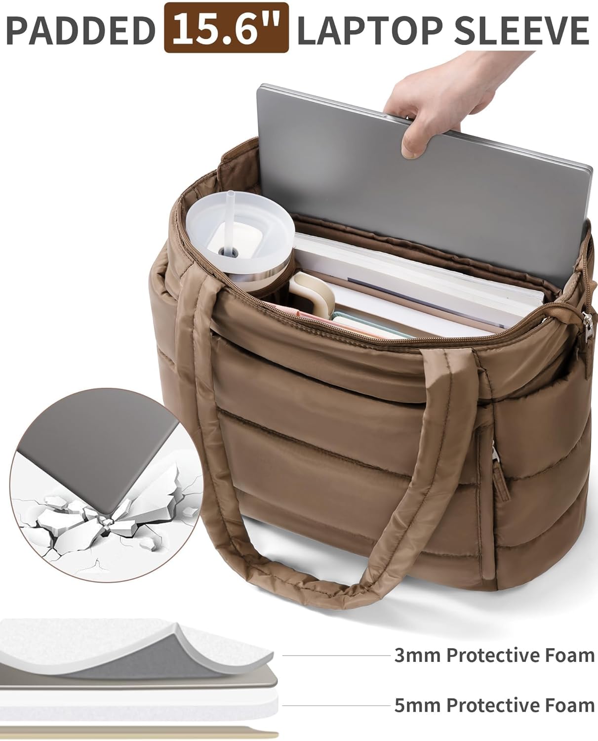 Bagstellar Puffer Tote Bag for Women, Lightweight Puffy Work Handbag Teacher Nurse Quilted Shoulder Bag for School Travel Gym | Cloud Bag w/ Zipper, Daily College Bags, 15.6" Computer Bag, Clinical Nursing Bag, 40 OZ Tumbler Holder, Ideal Gift for Women - Image 8