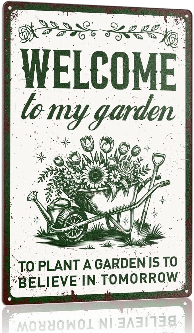 Retro Welcome To My Garden Gardening Metal Decor Sign for Home Room Greenhouse Patio Yard Outdoor Wall Sign, Funny Gardener Gardening Plant Lover Gifts