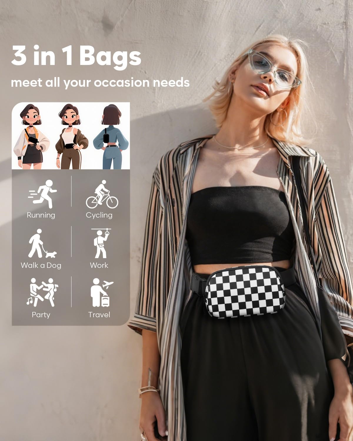 Fanny Packs for Women Cross Body Bag Waterproof Belt Bag with Adjustable Strap and Zipper Back Pocket Small Crossbody Bags Fashion Waist Packs for Workout Travelling(Checkered Black) - Image 2