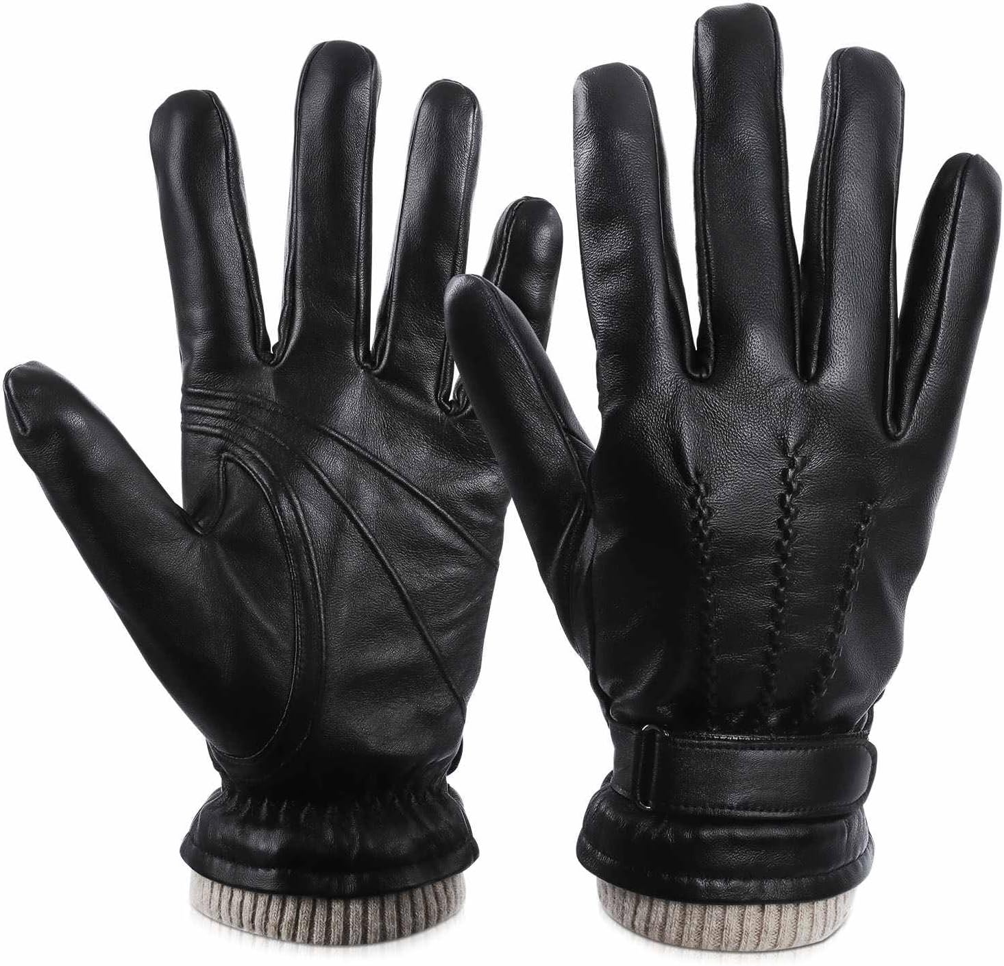 Mens Winter Gloves: Touchscreen Wool Lined Thermal Leather Gloves, Warm Gift for Father, Husband - Black