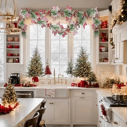 Miniatura 4 de CISDUEO Guirnalda de flores de Pascua artificiales de Navidad, guirnalda de bayas artificiales rojas con conos de pino para exteriores, interiores,