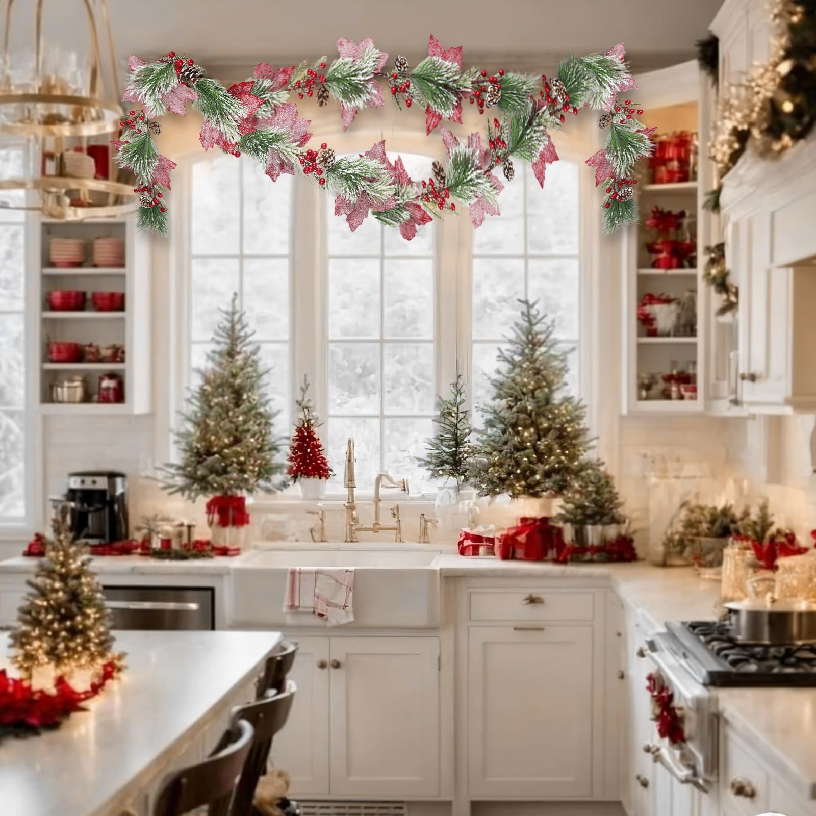 CISDUEO Guirnalda de flores de Pascua artificiales de Navidad, guirnalda de bayas artificiales rojas con piñas de pino para exteriores, interiores, chimenea, vacaciones, invierno, puerta, mesa, centro