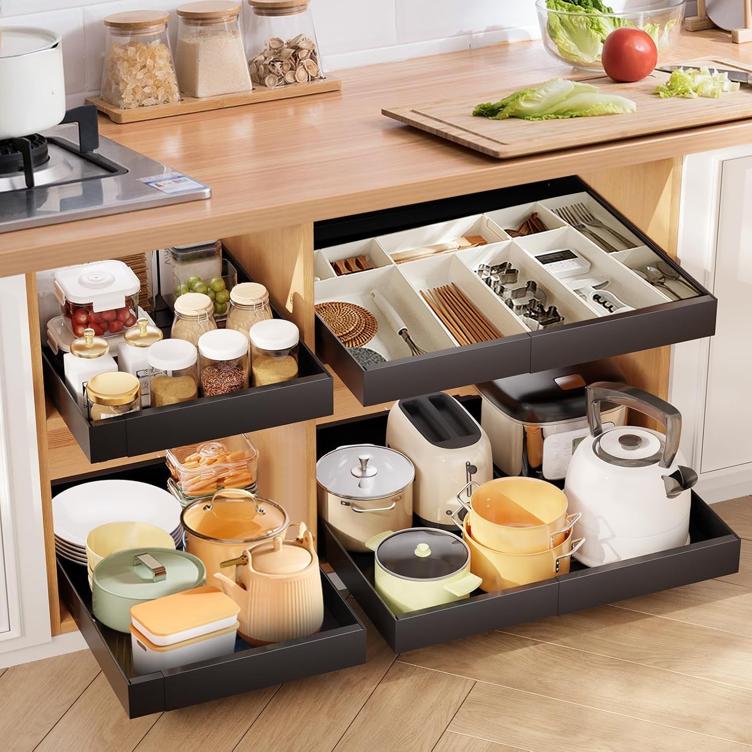 Farerkass 2 Tiroirs Coulissants Extensibles Cuisine - Ajustable 30,5-52 Cm, Sans Perçage, Charge 30 Kg Pour Placard