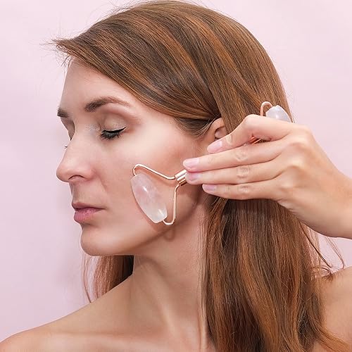 Miniatura 7 de huefull Rodillo facial de cuarzo rosa y juego de herramientas faciales Gua Sha, herramienta de masaje de drenaje linfático para aliviar la tensión
