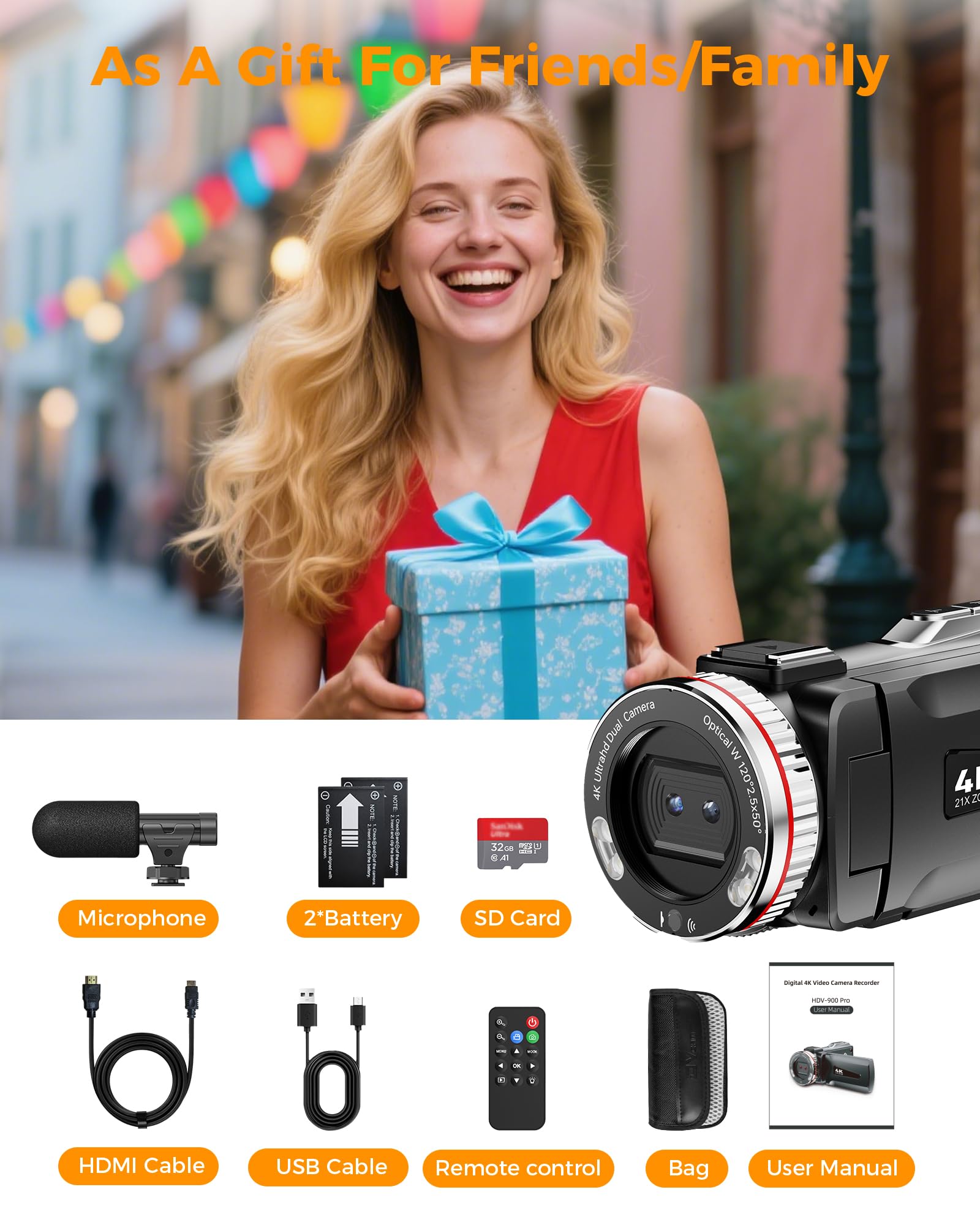 Videocamera 4K 48MP Camcorder per YouTube, 21X Zoom Digitale Videocamere, Schermo Rotante 270° 3" Vlog Camera, Video Camera con Scheda TF da 32 GB, Cavo HDMI, Mic, Telecomando, 2 Batterie