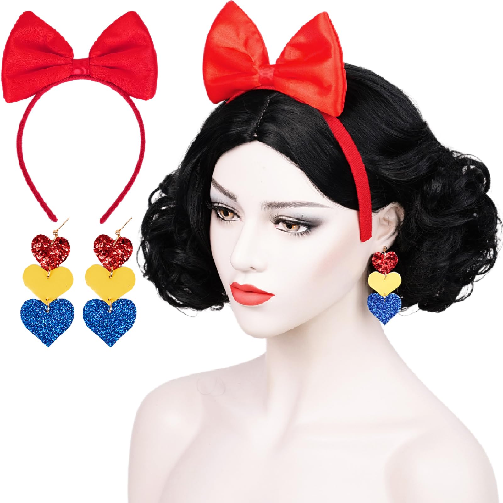 Black Curly Bob Wig for Women Adult, Short Bob Black Princess Wig with Red Bow Headband + Wig Cap for Halloween Costume Party Cosplay
