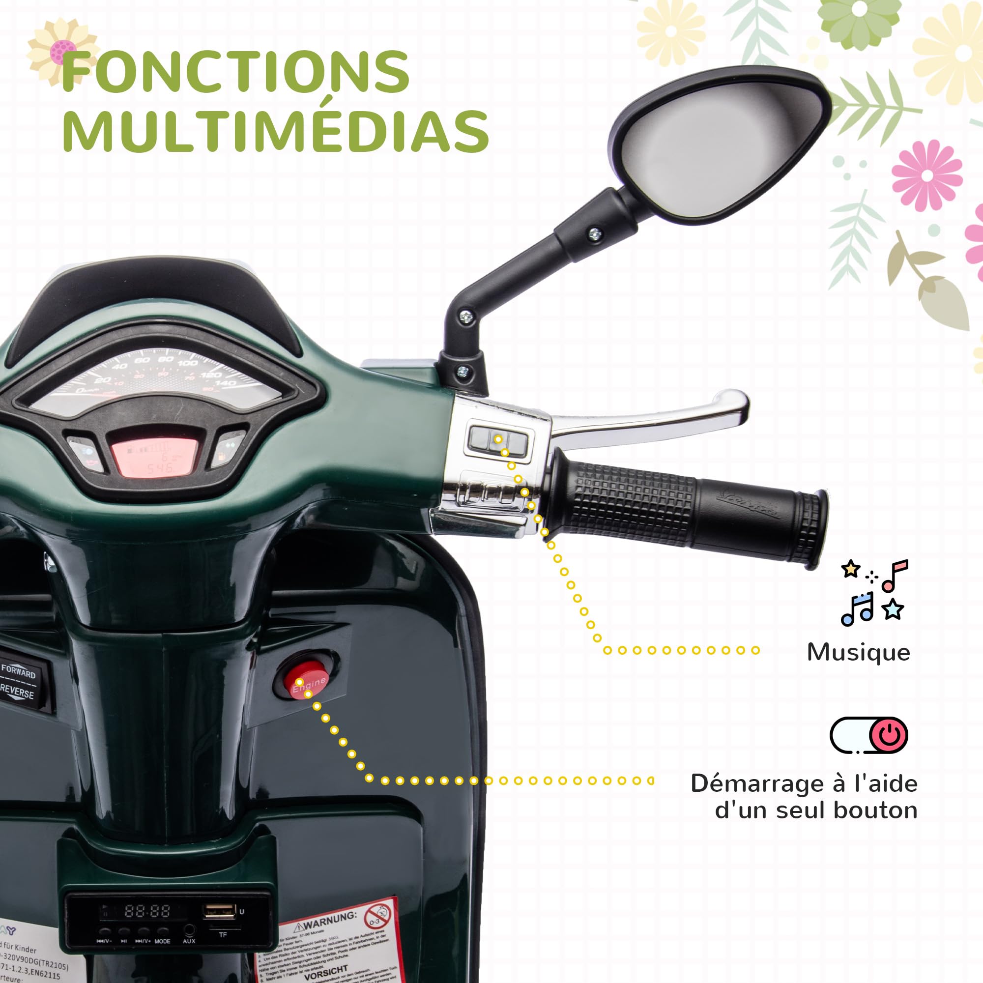 AIYAPLAY Scooter elettrico Vespa 6 V moto elettrica per bambini 3-6 anni dim. 107L x 47W x 73H cm Musica MP3 Porta USB Radio FM Faro 2 ruote di allenamento - Verde | Moto Elettrica Per Bambini 3-6 Anni, Musica MP3, Porta USB, Radio FM, Faro, 107L x 47L x