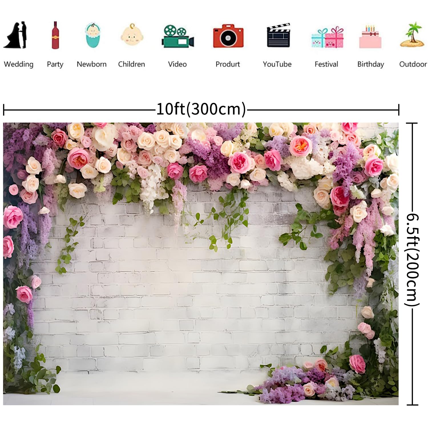 3x2m Sfondo per matrimonio Rustico muro di mattoni bianchi Fiori Fotografia Sfondo Doccia nuziale Matrimonio Anniversario Decorazioni di festa Banner Photo Booth Props