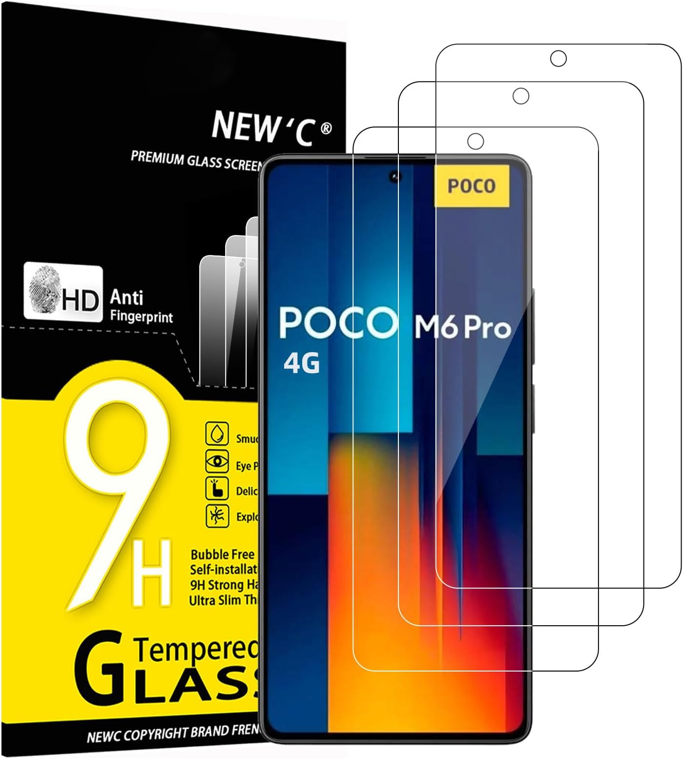 NEW'C 3 Pack Designed for Xiaomi Poco M6 Pro 4G Screen Protector, (No for 5G),Tempered Glass,Case Friendly Scratch-proof, Bubble Free, Ultra Resistant