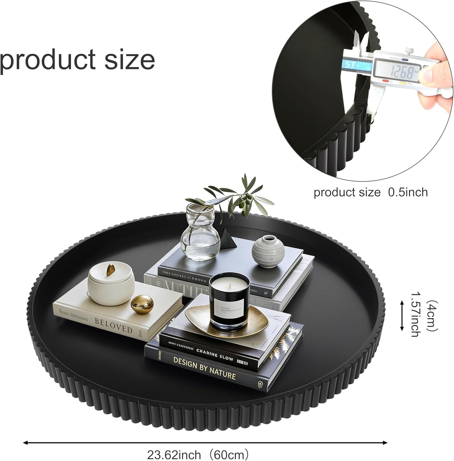 24" Round Extra Large Ottoman Serving Tray - Rustic Wooden Table Tray for Farmhouse Decorative Oversized Coffee Table Trays Living Room Kitchen Counter Breakfast Black - Image 2