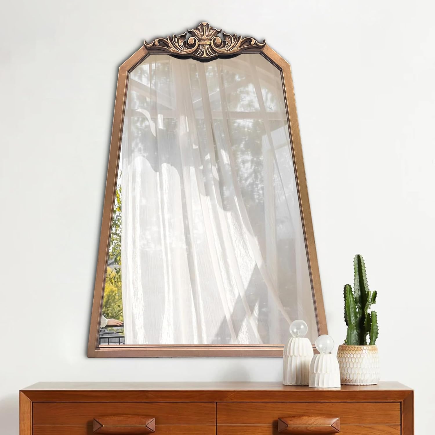 POZINO Gold Vintage Mirror, 24"x34" Arch Traditional Mirror with Metal Frame, Ornate Gold Crown Molding, Antique Brass Trapezoid Mirrors for Mantel Fireplace Bathroom Bedroom Living Room