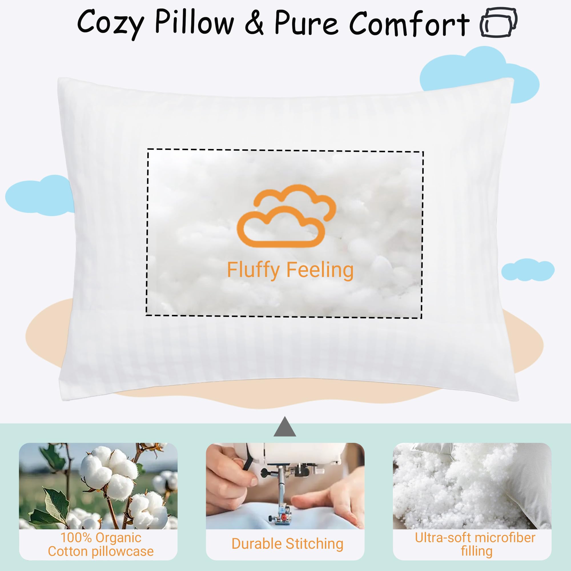 ZPECC Almohadas para niños pequeños con Funda de Almohada, hipoalergénicas, de 0 a 15,57 x 45,7 cm, Lavables a máquina, con Kit de Viaje
