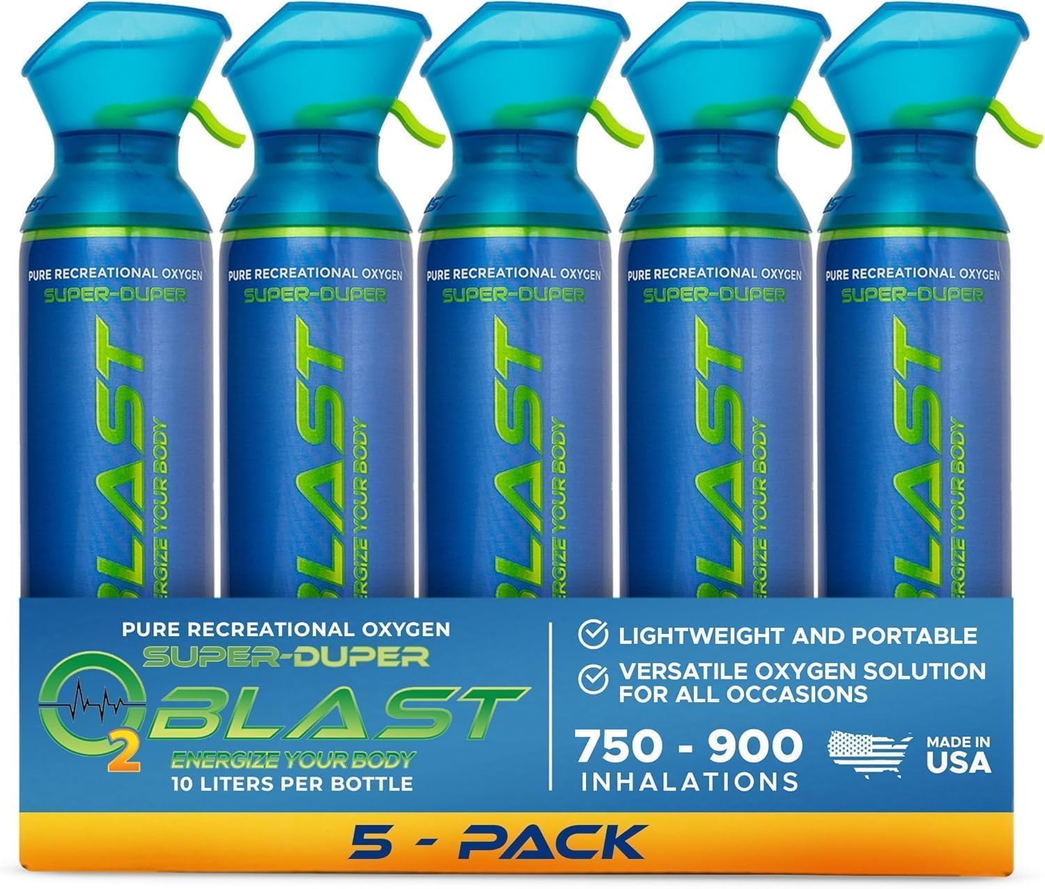 O2 Blast 99.7% Pure Oxygen, 10 Liter Portable Can 5 Pack with Custom Breathing Mask, Increase Stamina & Reduce Recovery Time, Ideal for High Altitude & Sports Recovery