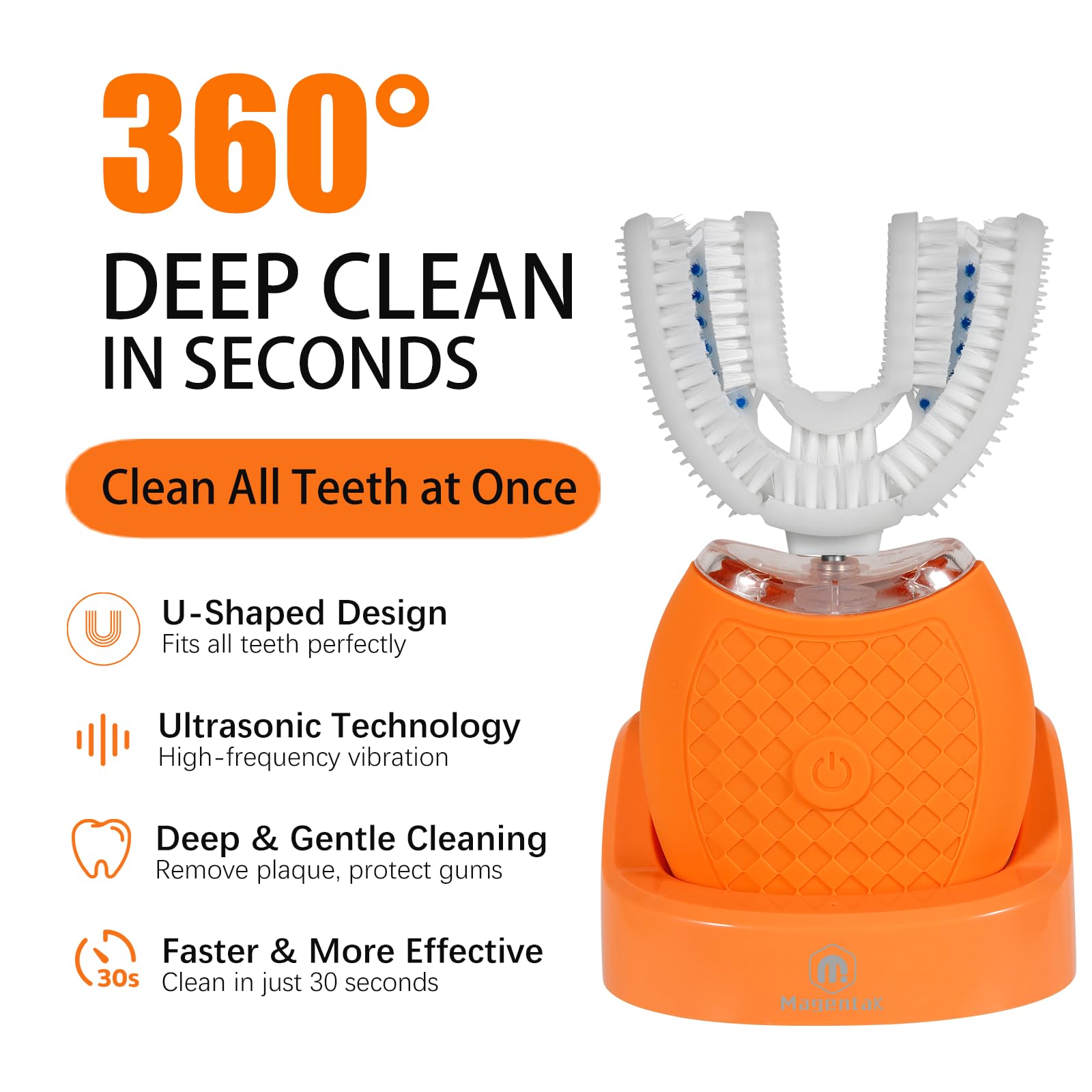 Spazzolino elettrico a forma di U per adulti, pulizia automatica a 360 gradi, spazzolino da denti ad ultrasuoni ha setole in nylon 23760 e 3 modalità standard, veloce, ultra veloce (arancione