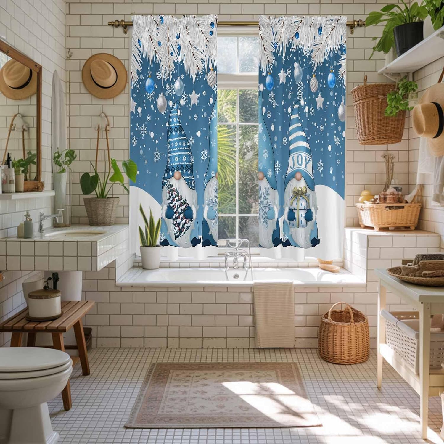 Blue Gnomes Christmas Window Curtains 63 Inch Long 2 Panel Set, Rod Pocket Bedroom Curtains & Drapes, Xmas Snowflake Ball Winter Tree Gifts Light Filtering Window Treatment for Living Room 42"W x 63"L